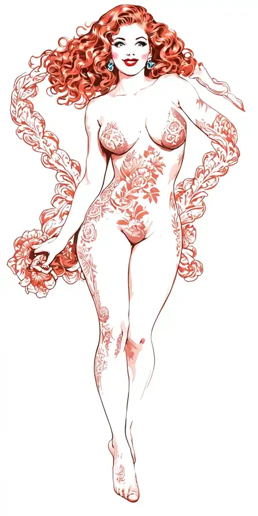 traditional-style pin-up girl with long red curly hair and naked. She should have vintage features tattoo design idea