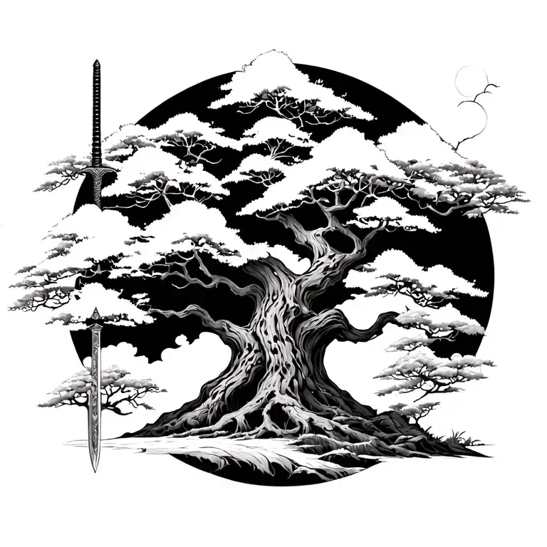 Japanese style large black and white tree  with a sword in the ground tattoo design idea