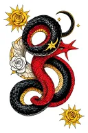a black snake with crescent moon and star symbols intertwined with a red snake with a sun and white rose symbols tattoo design idea