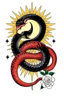 a black snake with crescent moon and star symbols intertwined with a red snake with a sun and white rose symbols tattoo design idea