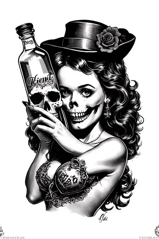 black and gray pinup girl holding bottle poison skull instead tattoo design idea