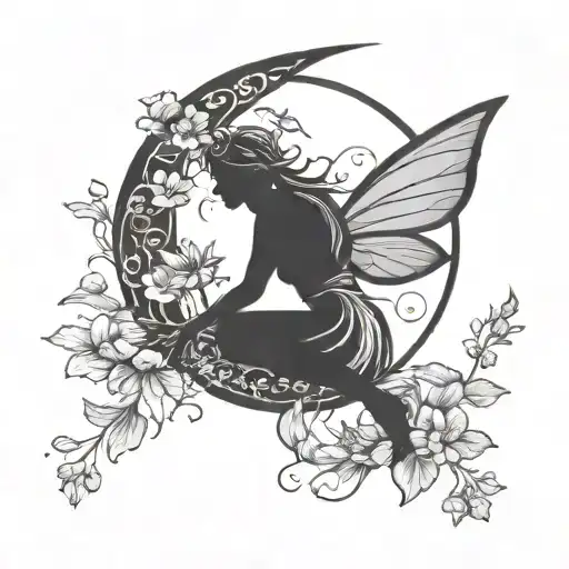silhouette of a fairy on a crescent moon with water lillies and violets simple tattoo matching tattoo design idea