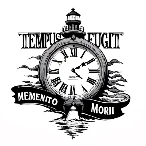 clock with text "TEMPUS FUGIT" above and "MEMENTO MORI" below and a lighthouse in the clock tattoo design idea