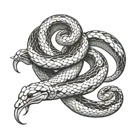 A black and white stencil style tattoo design of two intertwined snakes. One snake is black, the other is white. tattoo design idea