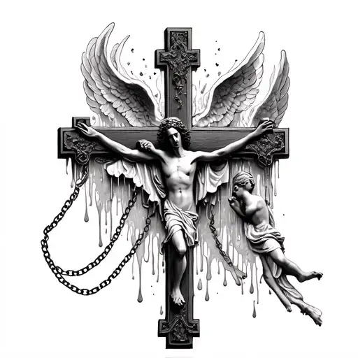  melting creepy parchment with Crucifix chain and angels tattoo design idea