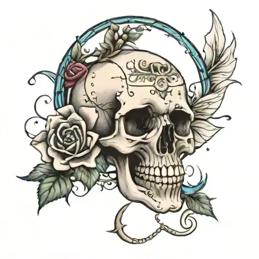 stars moon dreamer catcher faries roses skull tattoo design idea