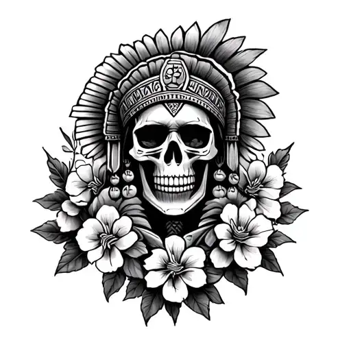 Aztec Guerrero Skull with servant suit and cherry flowers around tattoo design idea