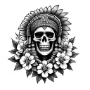 Aztec Guerrero Skull with servant suit and cherry flowers around tattoo design idea