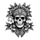 Aztec Guerrero Skull with servant suit and cherry flowers around tattoo design idea