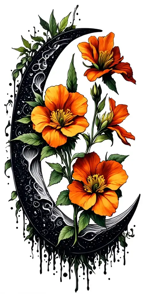 evening primrose, and crescent moon tattoo design idea