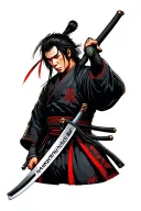 Japanese modern samurai on black suit with shiny katana and NANKURUNAISA word on the side of the katana tattoo design idea