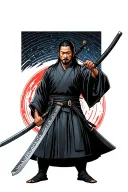 Japanese modern samurai on black suit with shiny katana and NANKURUNAISA word on the side of the katana tattoo design idea
