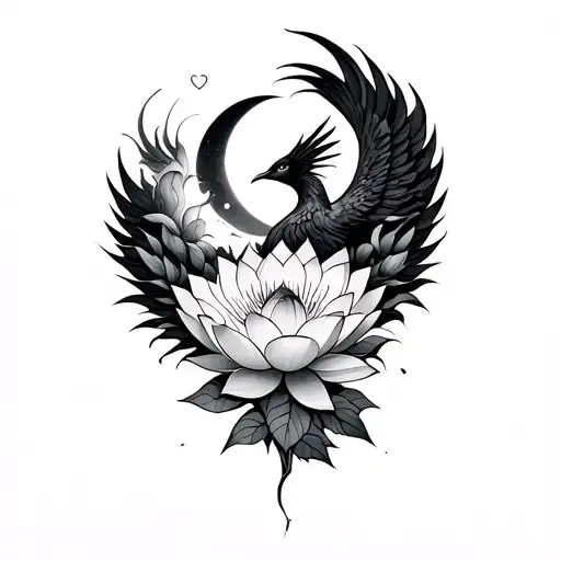 Lotus flower, moon, phoenix bird, heart holding and tattoo design idea
