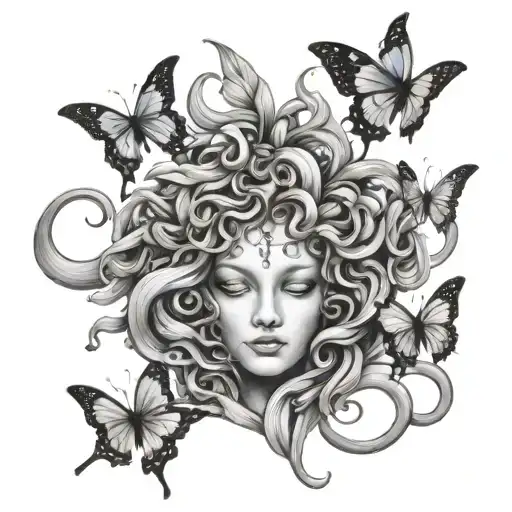 medusa surrounded with butterflies tattoo design idea