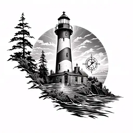 An intricate blackwork tattoo of the West Sister Island Lake Erie lighthouse with a compass and clock incorporated into the design tattoo design idea