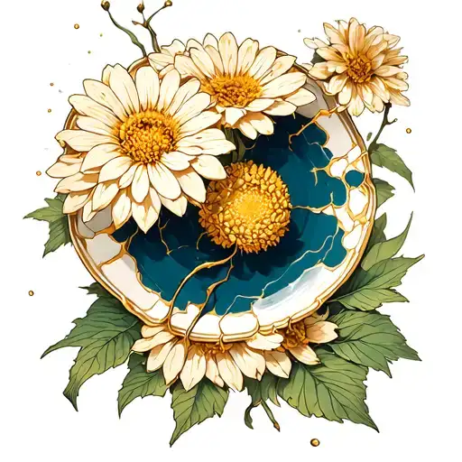 kintsugi chrysanthemum smashed plate tattoo design idea