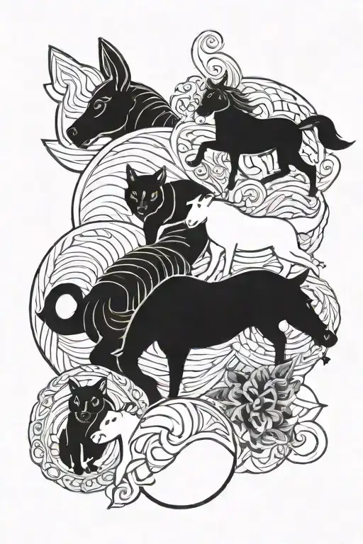 silhouette of cat ears, dog ears and horse ears stacked tattoo design idea