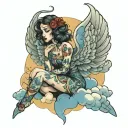 lady with phenoix wings sitting on a cloud  tattoo design idea