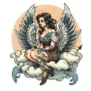 lady with phenoix wings sitting on a cloud  tattoo design idea
