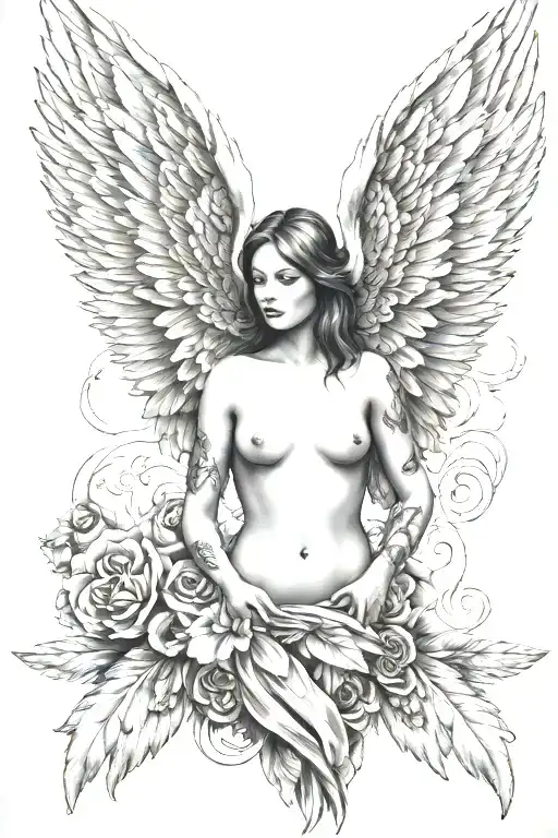 topless angel wings spread tattoo design idea