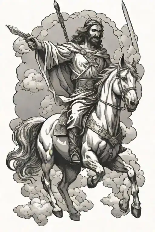 Jesus on a white horse coming down from the clouds with angels in the sky holding swords  tattoo design idea