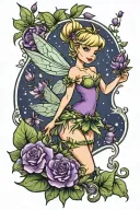 tinker bell with purple and green flowers like a storybook illustration pin up  tattoo design idea
