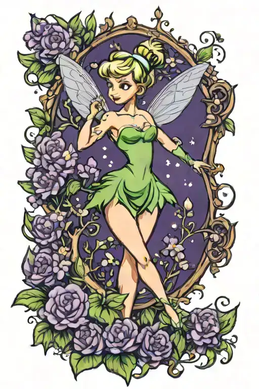 tinker bell with purple and green flowers like a storybook illustration pin up  tattoo design idea