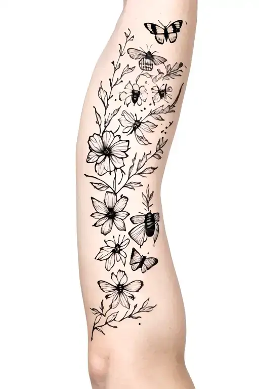 Full arm patchwork sleeve, line work, sticker tattoos, black,  spaced out Flowers,butterflies, moths, beetles, bees. tattoo design idea