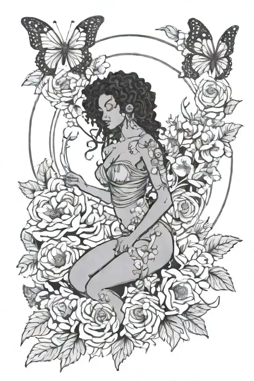 strength tarot card with black woman with flowers and butterflies surrounding it tattoo design idea