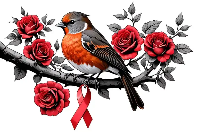 Robin sitting on branch surrounded by a lot of red roses with a cancer ribbon hanging off the end of it tattoo design idea