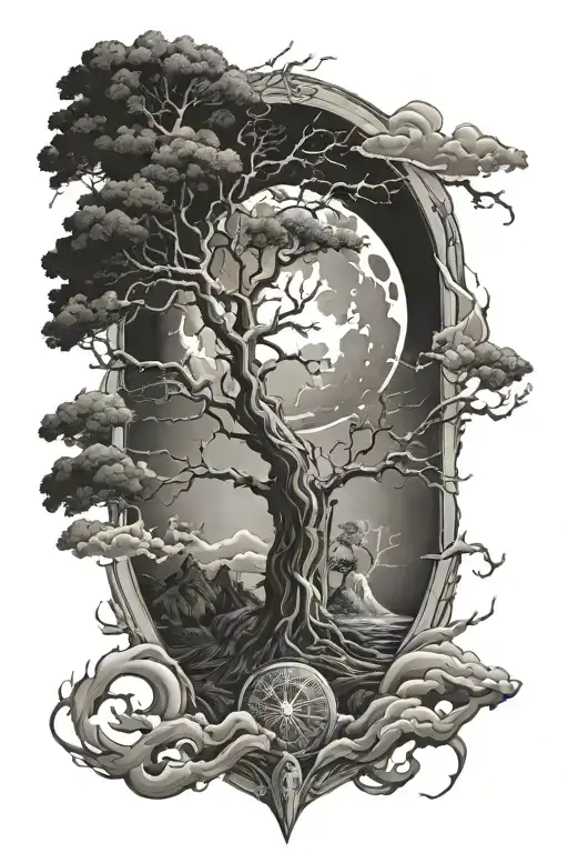Space, Time, Ocean, Lightning, Tree, Dark tattoo design idea
