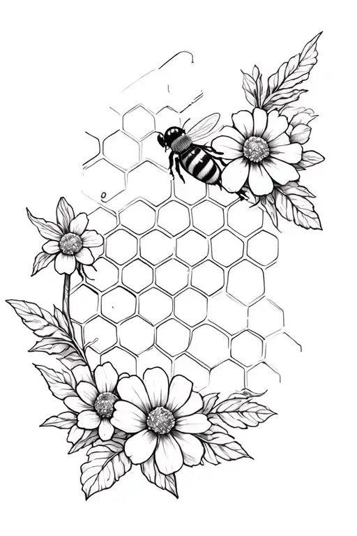 honey comb A with flowers and honey bees tattoo design idea