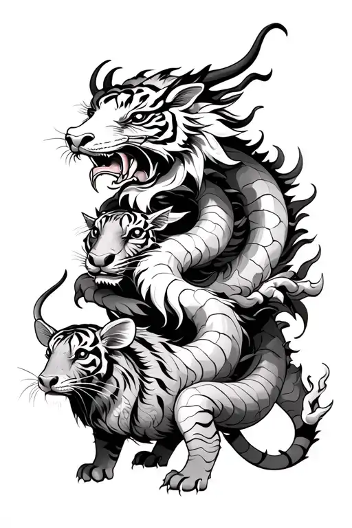 a Japanese dragon wrapped around a tiger, a ox, and a rat tattoo design idea