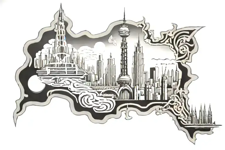 tattoo that has the outline of the Barcelona sacred family, the Shanghai Pearl Tower and the obelisque in Buenos Aires tattoo design idea