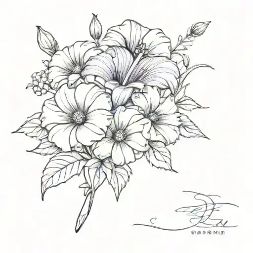 violet flower, morning glory flower, daisy flower all in a bouquet tattoo design idea