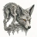 A wolf at the side of a skeletal figure, symbolizing loyalty even in death.  tattoo design idea