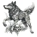 A wolf at the side of a skeletal figure, symbolizing loyalty even in death.  tattoo design idea