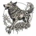 A wolf at the side of a skeletal figure, symbolizing loyalty even in death.  tattoo design idea