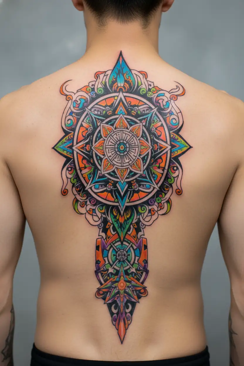 Incorporate Powhatan, Muskogee, and Anunwiyah tribal symbols into a chakra design, with esoteric imagery reflecting the client's Universal Esoteric Minister occupation tattoo design idea