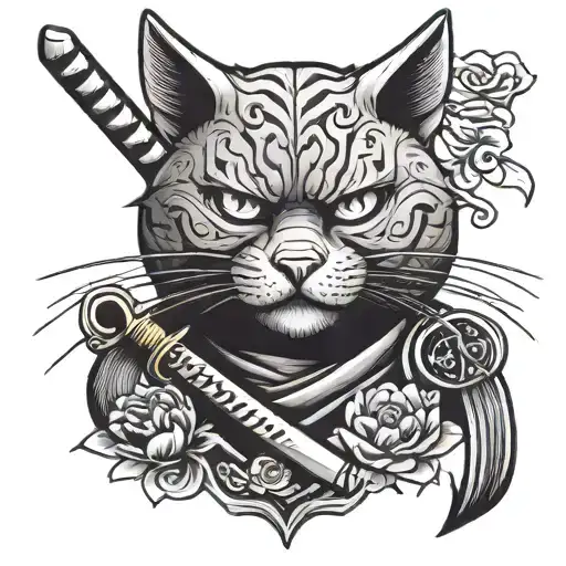 Japanese style cat head with katana tattoo design idea