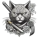 Japanese style cat head with katana tattoo design idea