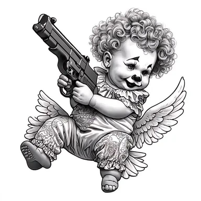 clown baby angel holding gun tattoo design idea