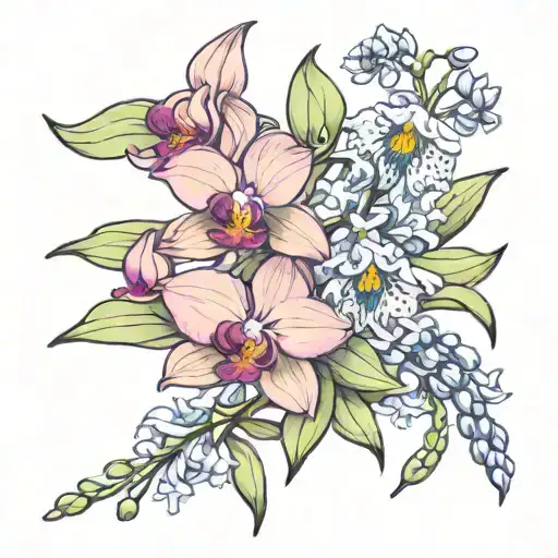 orchids, lilies and bluebells tattoo design idea