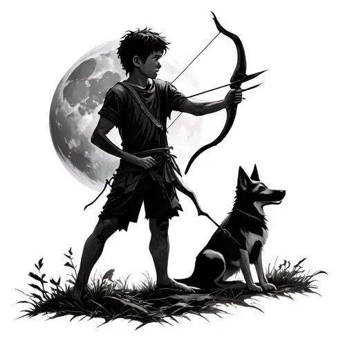 Boy in the forest with arrow and bow full moon accompanied by his watchdog tattoo design idea
