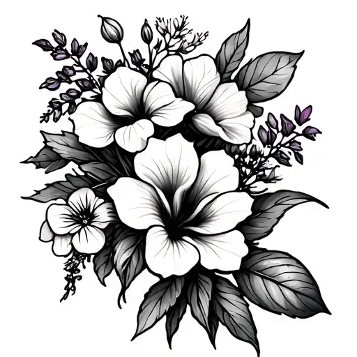 fine line tattoo bouquet of Olive Lavender BougainvilleaYellow WattleHibiscus FrangipaniAfrican Violet tattoo design idea