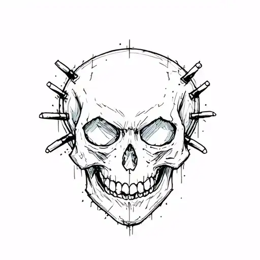 edgy, messy skull with tiny nails in skull tattoo design idea