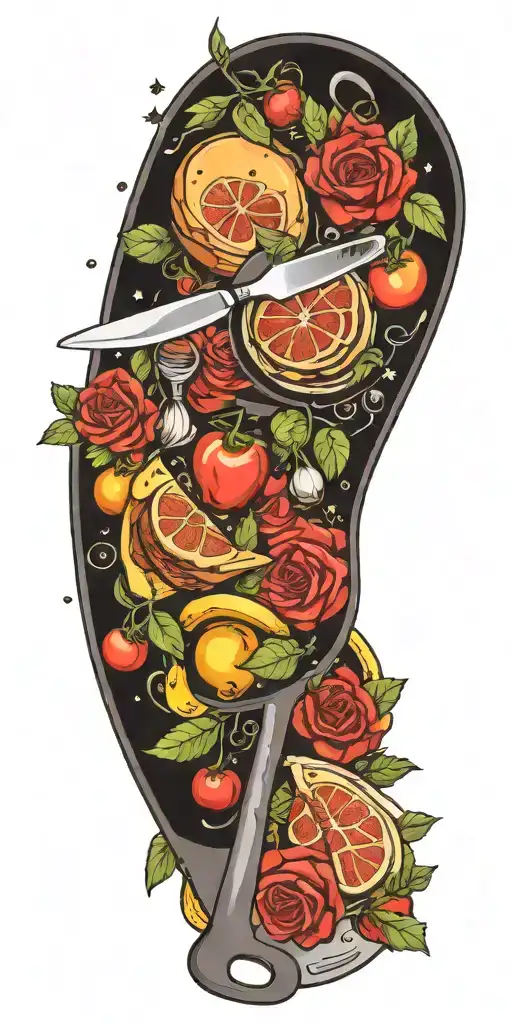 cooking utensils frying pan fruits vegetables steak roses stars tattoo design idea