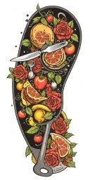 cooking utensils frying pan fruits vegetables steak roses stars tattoo design idea