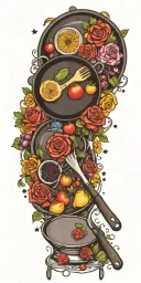 cooking utensils frying pan fruits vegetables steak roses stars tattoo design idea