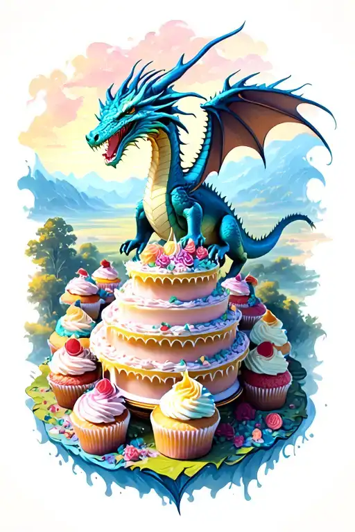 A majestic dragon flying over a landscape of giant cakes and cupcakes tattoo design idea